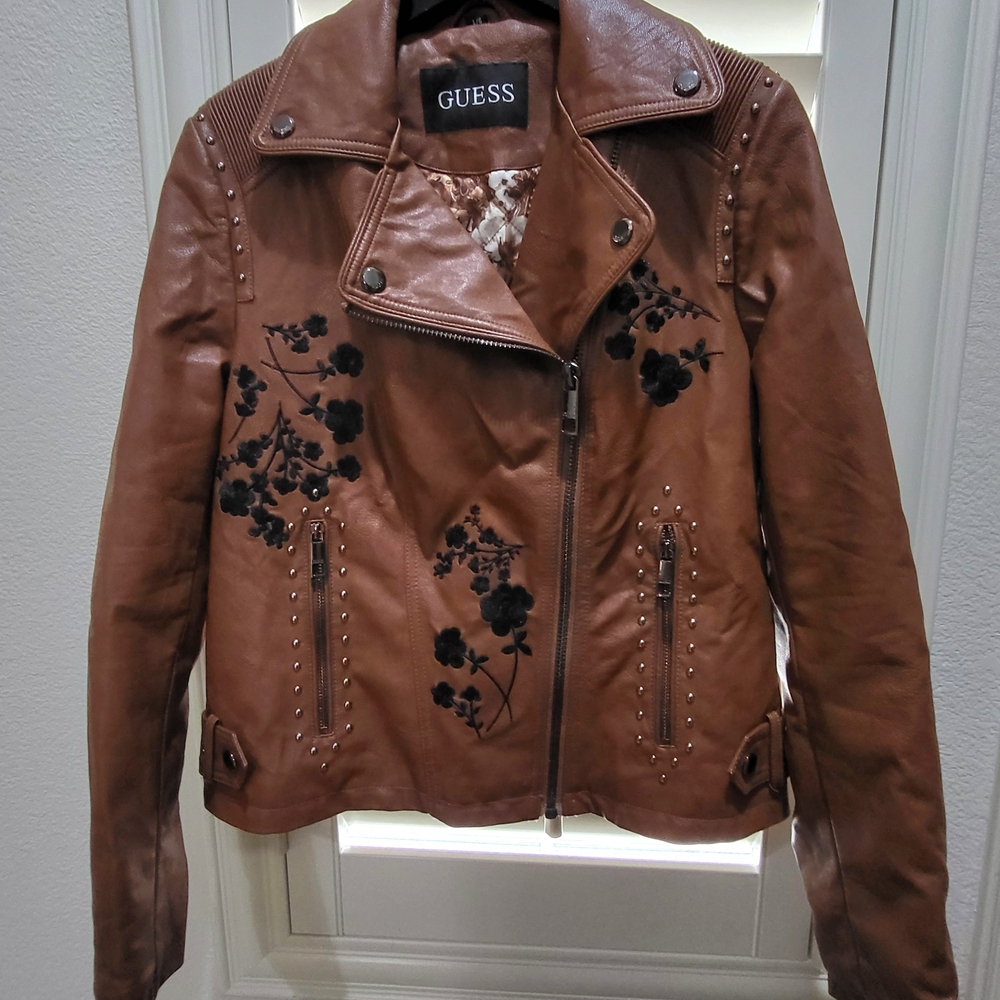 Guess Women's Faux Leather Jacket in Brown with Black Floral Accents Size L